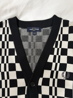 Fred Perry Chequerboard Cardigan Sweater in Black/White 100% Cotton Size Medium