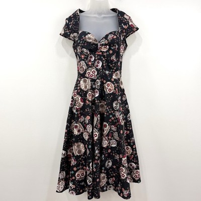 Hell Bunny Sasha Skull Print Pinup Dress L Retro Rockabilly Day Of The Dead