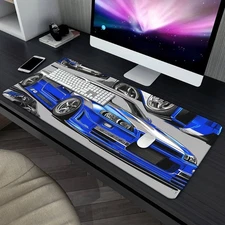 40*90cm Large Gaming Desk Mat with Blue Car Design - Non-Slip Rubber Base & Wris