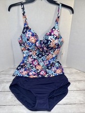 LeiLani Women's 2 Pc Size 12 Blue Floral Tankini Swimsuit Bathing Suit NEW