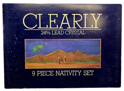 24% Lead Crystal 9 Piece Nativity Set w/ Scenery & Box Made in Mexico