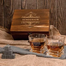 Personalised Set of 2 Prism Whiskey Glasses & 6 Ice Stones in Wooden Gift Box