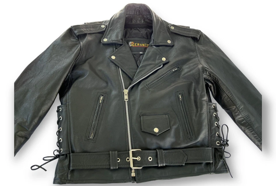 Chaqueta de Cuero Geronimo Motociclista Negra Con Cordones Laterales Talla 44 Forro Acolchado Usada en Excelente Condición De Colección Foto 4 de 4