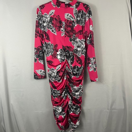 Eloquii Midi Dress Women's 14 Pink Floral Ruched Asymmetrical Neck Wedding Guest - Picture 5 of 8