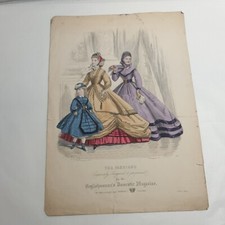 Victorian fashion plate, ladys in dresses, Child ,  1860s   hand painted 