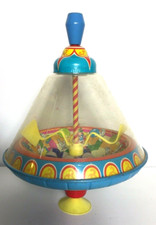 VTG TIN LITHO Ohio Art CLOWN GRAPHICS SPINNING TOP ON BASE Works Great SEE VIDEO