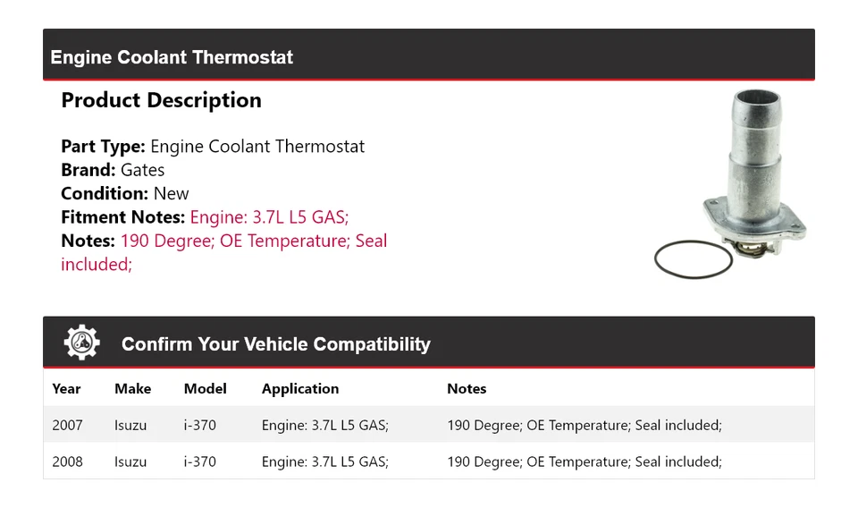 Para Isuzu i-370 2007-2008 3,7 L L L5 motor gas refrigerante termostato puertas Foto 2 de 4