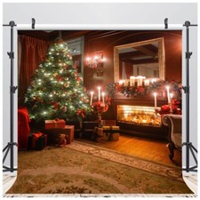 8x8FT Christmas Tree Backdrops Indoor Fireplace Photography Background Xmas G...