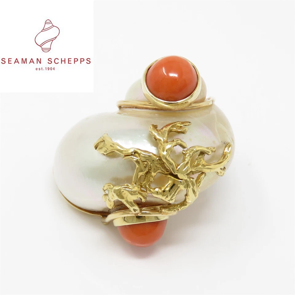NYJEWEL Seaman Schepps 14k Gold Large Turbo Shell Pearl Coral Ends Pin Brooch