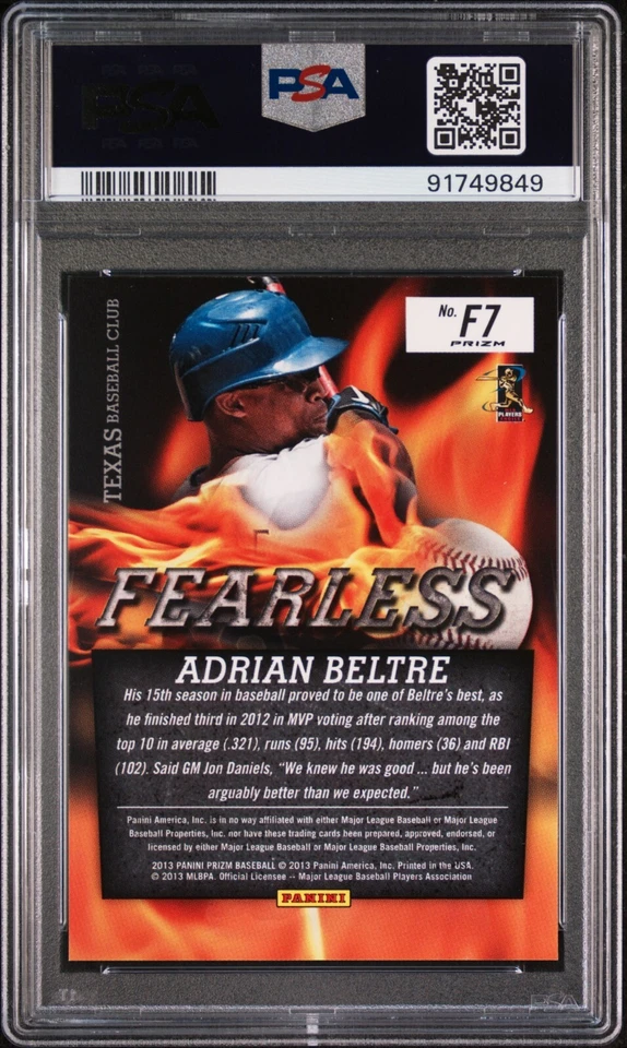2013 PANINI PRIZM FEARLESS BLUE PULSAR #7 ADRIAN BELTRE PSA 10 GEM MINT POP 1 - Image 2 of 2
