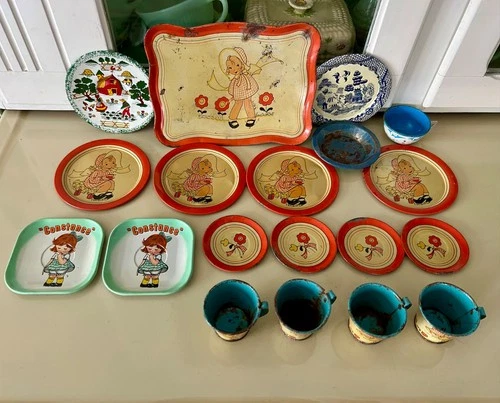 VINTAGE FERN BISEL PEAT CHILDREN DISHES OHIO ARTS TIN LITHO 1930s~1940s AS IS