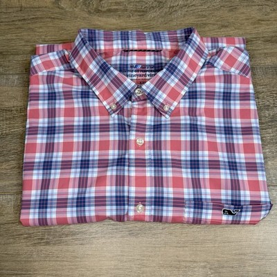 Vineyard Vines On The Go Performance Plaid Shirt (2XL) Pink Plaid 91% Nylon B17