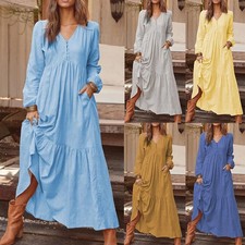 Women's V-Neck Long Sleeve Ruffle Maxi Dress Casual Loose Pocket Boho Dresses