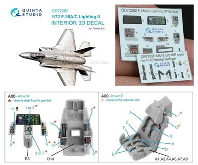 Quinta Studio 1/72 F-35A/C Lightning II 3D Interior Cockpit Color Decal (Tamiya)