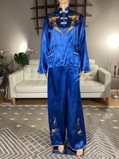 Vintage 50s Chinese Two Piece Silky Satin Lounge Set Gold Embroidered Dragons