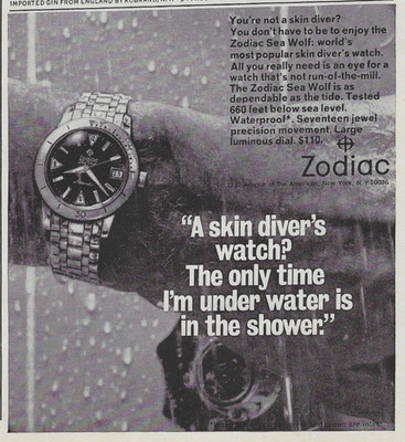 1967 Zodiac Sea Wolf Waterproof Skin Diver Watch 660' Depth VINTAGE PRINT AD
