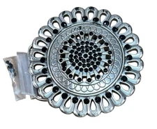 Vintage Flower Shaped Silver Tone Black Rhinestone Accented Belt Buckle
