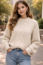 VTG Blarney Woollen Mills Pure Wool Aran Fisherman Sweater Woman's Lg Cream
