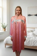 Vtg Vanity Fair Sz M Button Front Mid Length Nightgown, Pink, Art Deco. NS-25
