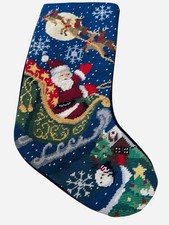 VTG 90s Needlepoint Santa Sleigh Reindeer Christmas Stocking 19  Velvet Back