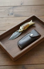 Premium Damascus Blade Folding Knife Fish Handle – Gift w/ Leather Case