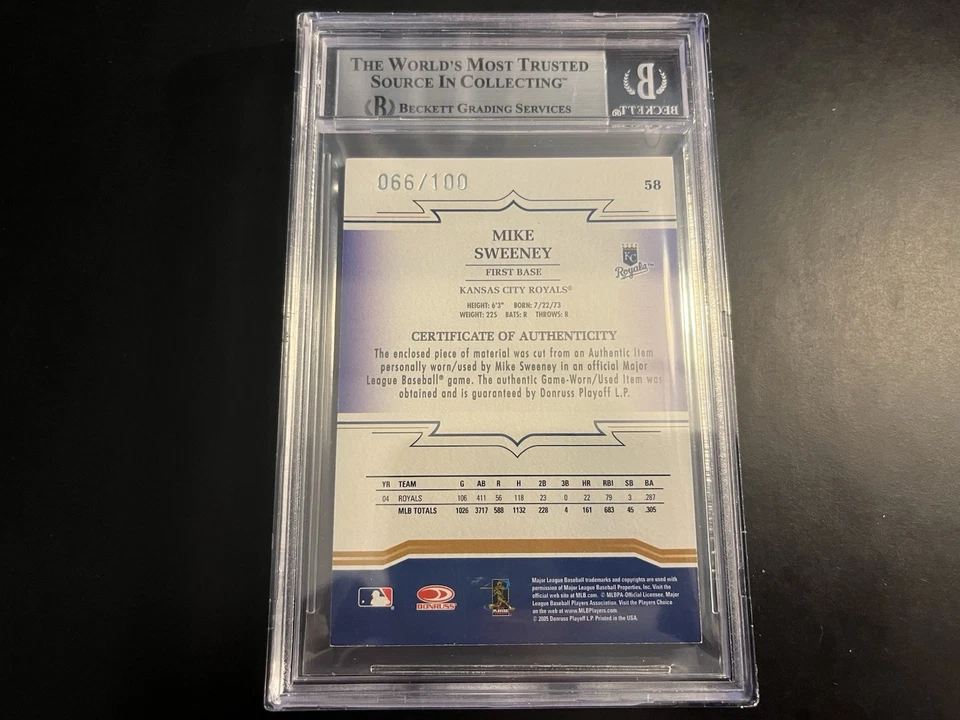 Parche de camiseta Donruss Throwback Threads Prime 2005 #58 Mike Sweeney/100 BGS 8,5 Foto 2 de 2