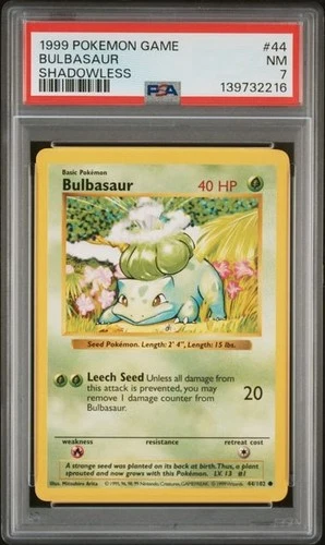 POKEMON GAME BASE SET BULBASAUR 1999 SHADOWLESS #44 PSA 7