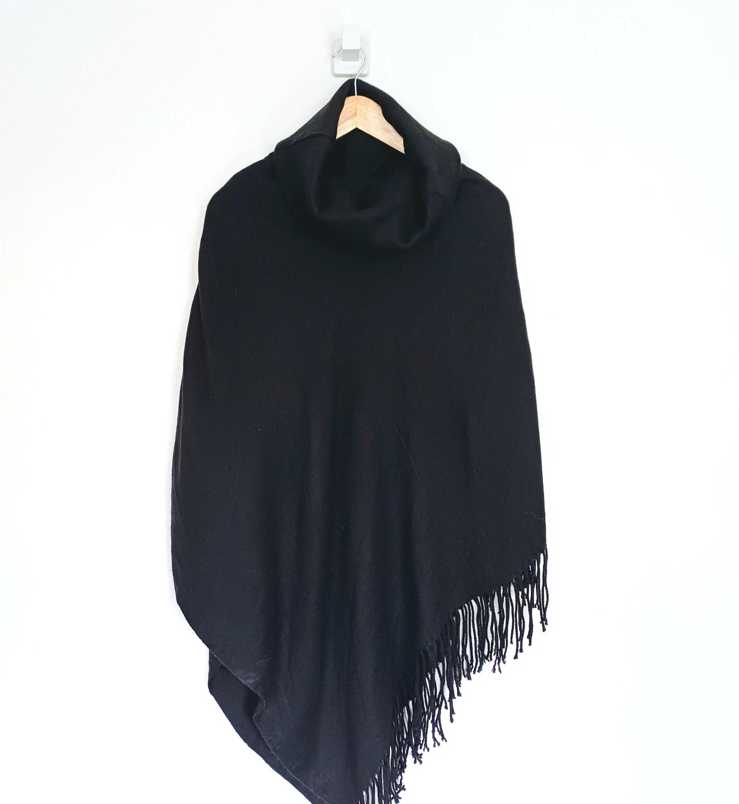 Object Wool Poncho Cape Shawl Womens Black Knit Roll Neck Tasseled One Size