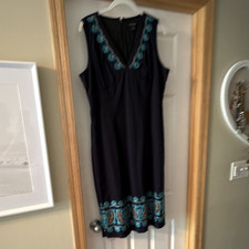 Karen Kane Black Cotton Blend Pencil Dress V-Neck Sleeveless Paisley Hem L