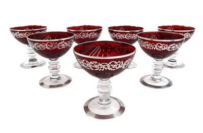 7 Cranberry Red Glass Silver Overlay Wine Goblets
