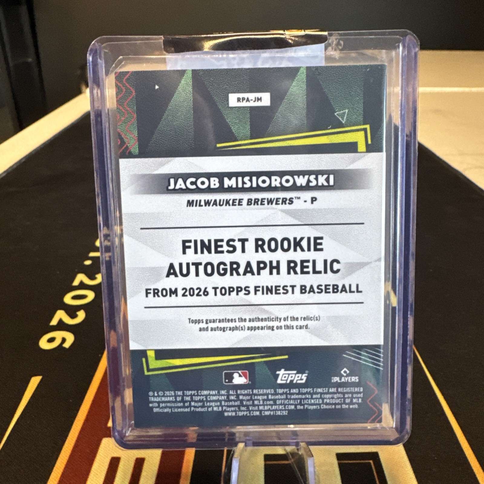 2026 Topps Finest Jacob Misiorowski Rookie Patch Auto Gold/50 RC Brewers RPA-JM view 2