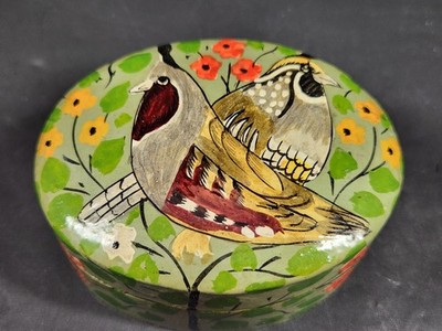 Vintage India lacquer paper papier mache trinket box bird quail design