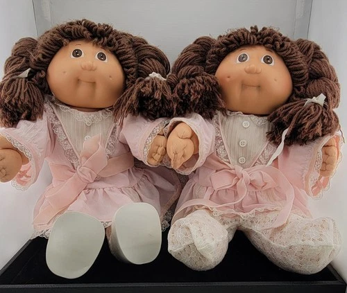 Vintage 1985 Cabbage Patch Kids Twins, Brown Hair Brown Eyes Pink Dresses.