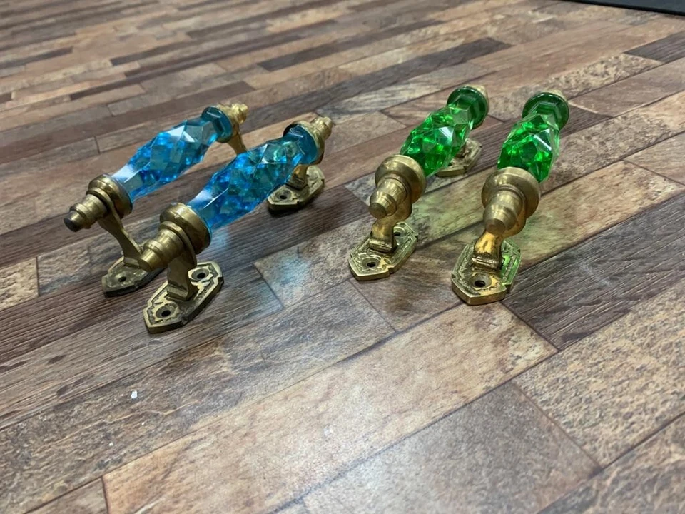 Manija de puerta de latón de vidrio verde y azul cortado cristal/cortado estilo antiguo de 5,5"" 4 piezas Foto 4 de 4