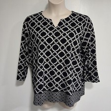 Chico's Size 3 XL Cotton Black White w/ Geometric Lattice Print Tunic Top