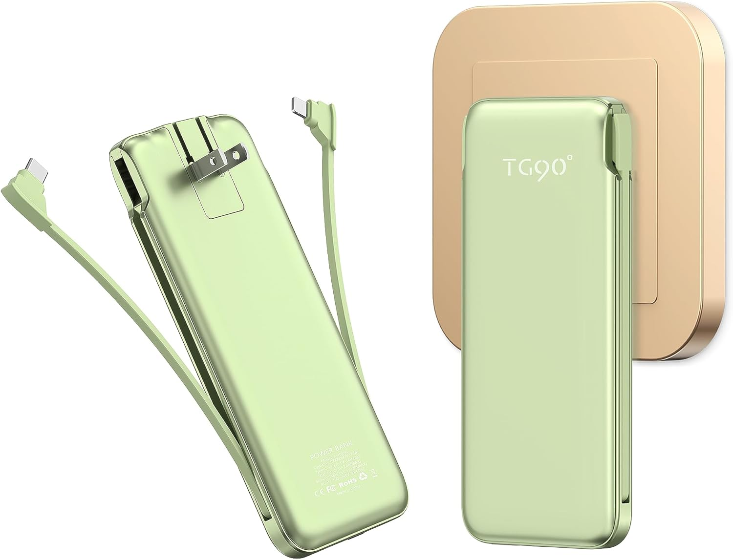 TG90° 10000Mah Portable Charger with Built in Cables and AC Wall Plug, Compact P