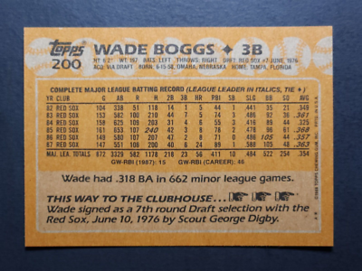 1988 TOPPS BASEBALL #200 WADE BOGGS *C* BOSTON RED SOX *HOF* *NRMT