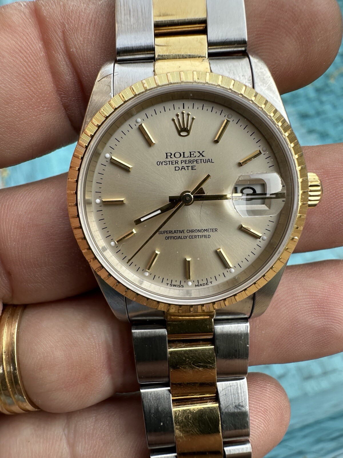 Gorgeous Rolex Date 15233 Gold / SS Champagne Dial 34mm With Rolex Service Card