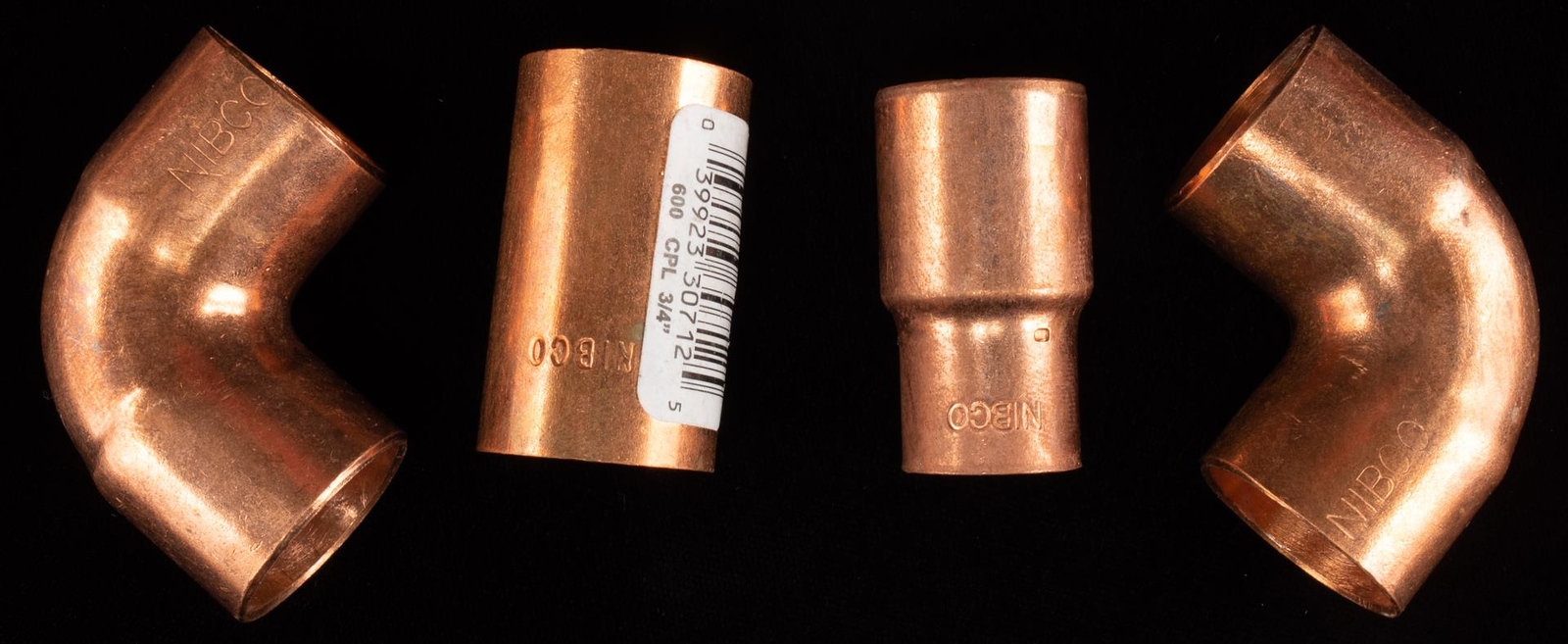 Lot 3/4" Copper Fittings 2-90 Degree & 1-Coupling & Reducer New