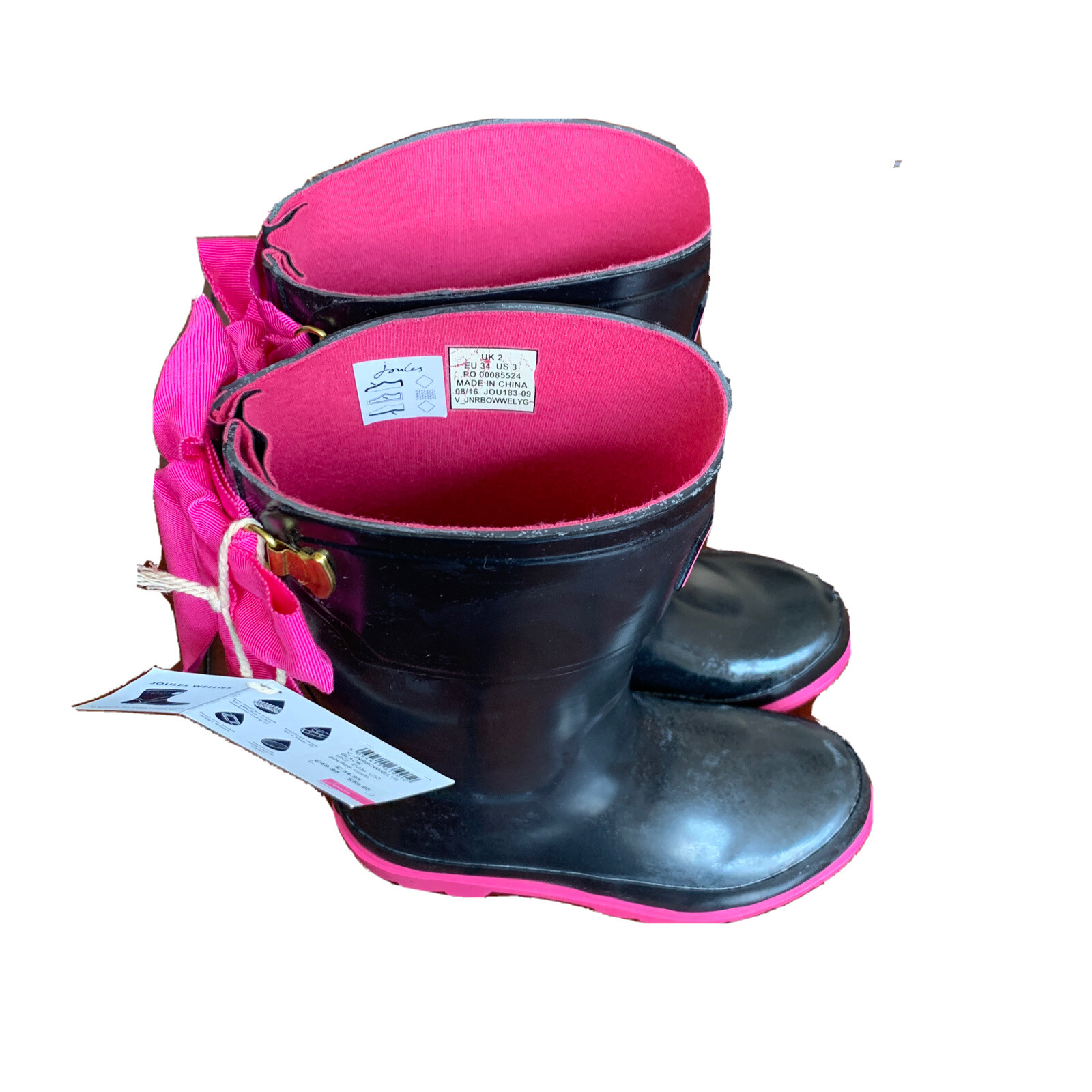 Joules Wellies Black And Pink Rain 