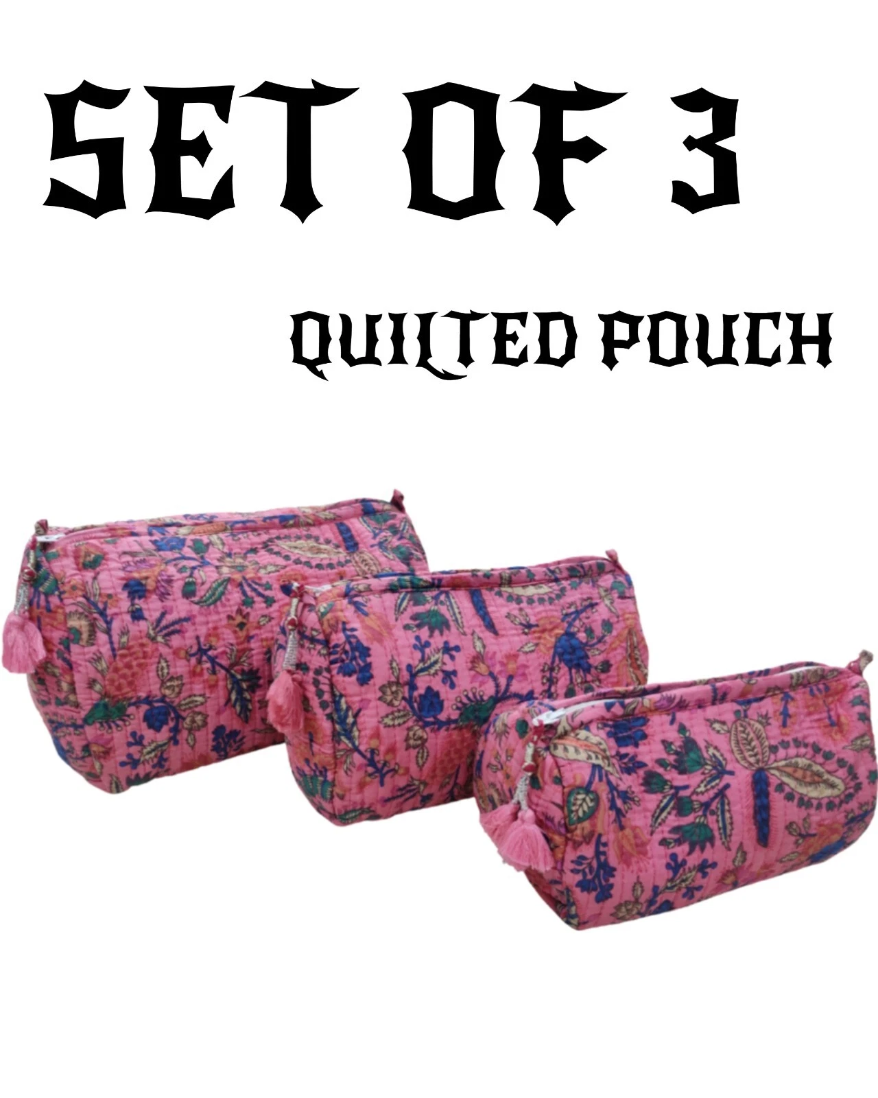 Cotton Pink Floral Toiletry Bag Indian Unisex Makeup Bags Waterproof 3 Pcs. Sets