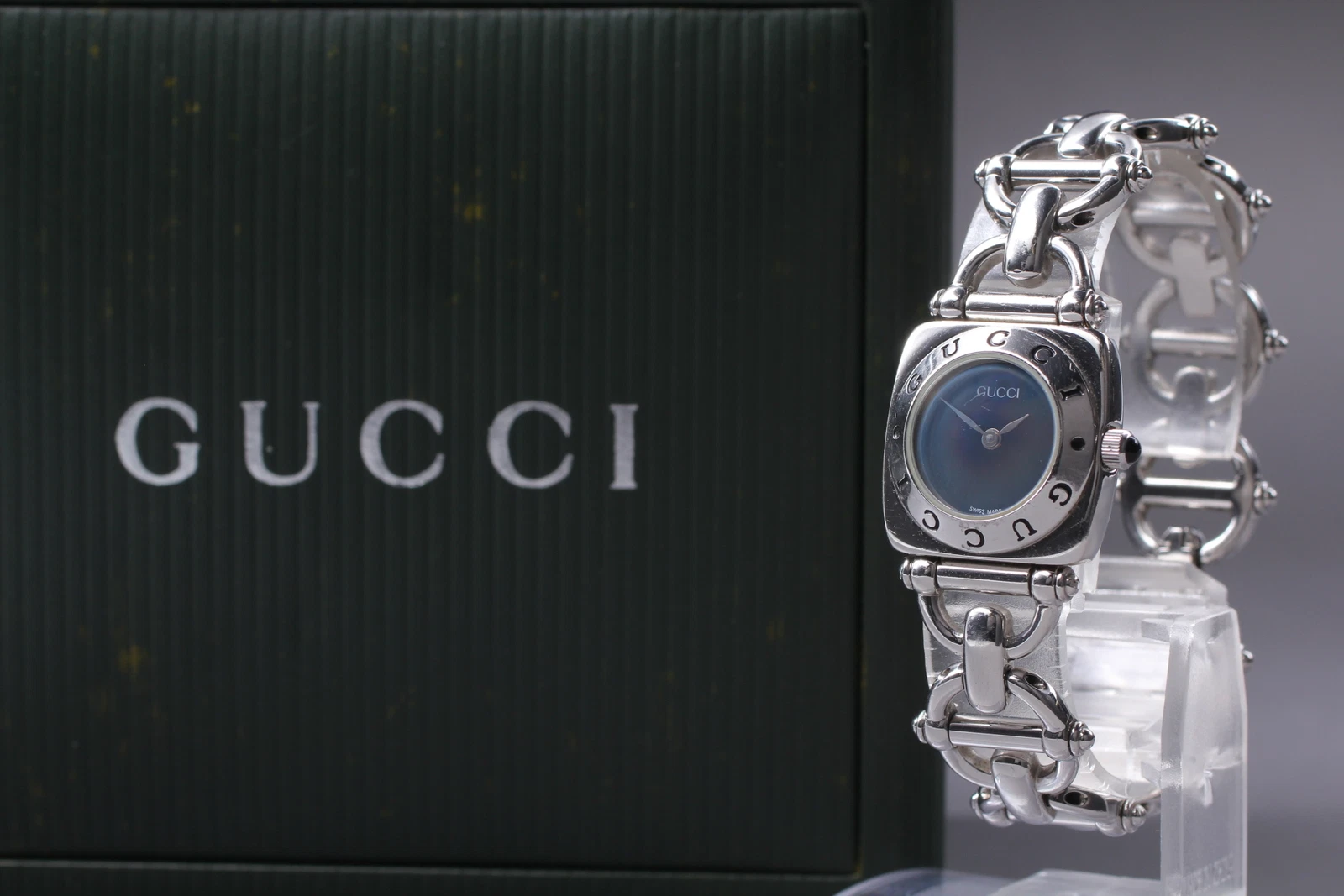 [Exc+5 / Boîte] Montre Femme Gucci Horsebit 6400L Cadran Noir Argent Qz du JAPON