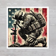 Bending Knee Combat Soldier US Flag Fabric Panel Craft Sewing Quilt Block A754