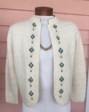 CUTE Open Front VINTAGE Sz S Sweater Washable Cream w/ Flowers PREPPY Cardigan