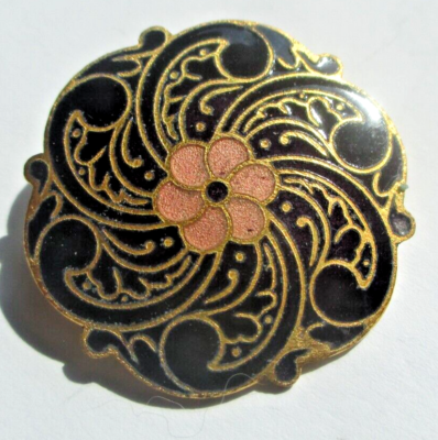Broche Ronde Vintage En émail Cloisonné - Couleurs Or, Rose, Noir - Bijou Fantaisie Femme Occasion