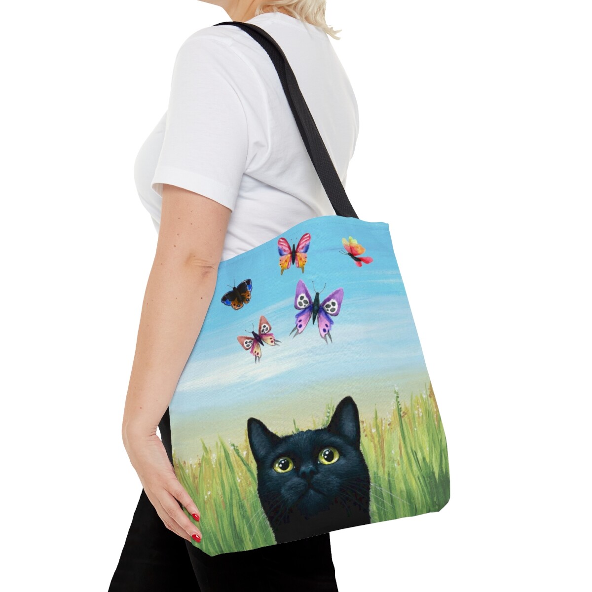 Black Cat & Butterflies Tote Bag by L.Dumas Blue Green Art Print-image