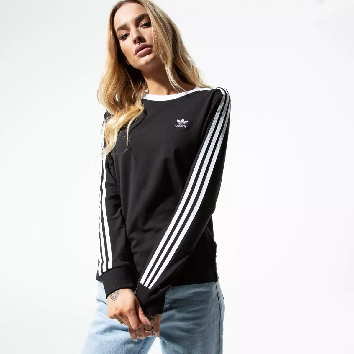 New Women's adidas Originals 3-Stripes Long Sleeve Activewear Black White  DV2608