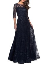 La Femme 2794 Navy Blue Sequin Embroidered Floral A-Line Gown Size 8 575 NEW