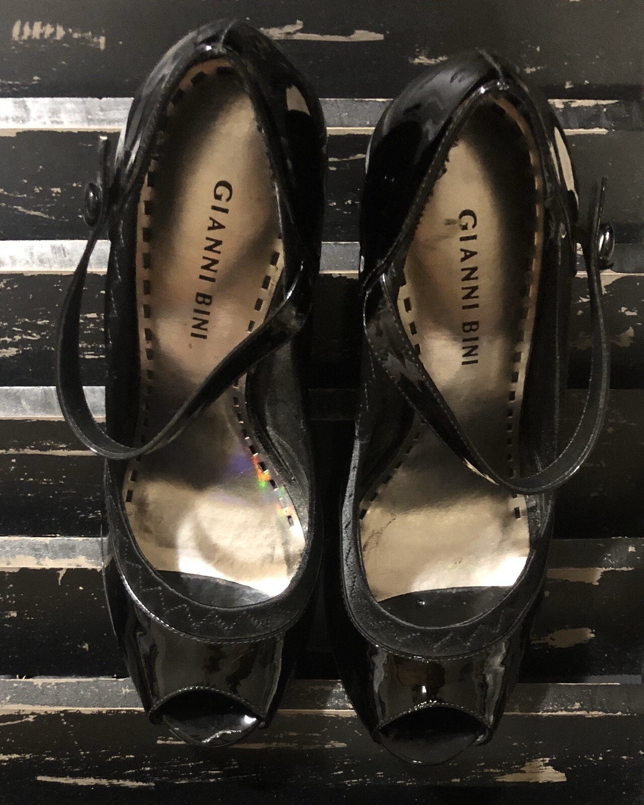 GIANNI BINI Black Patent Leather Open Toe Mary Jane Stiletto Pumps Size