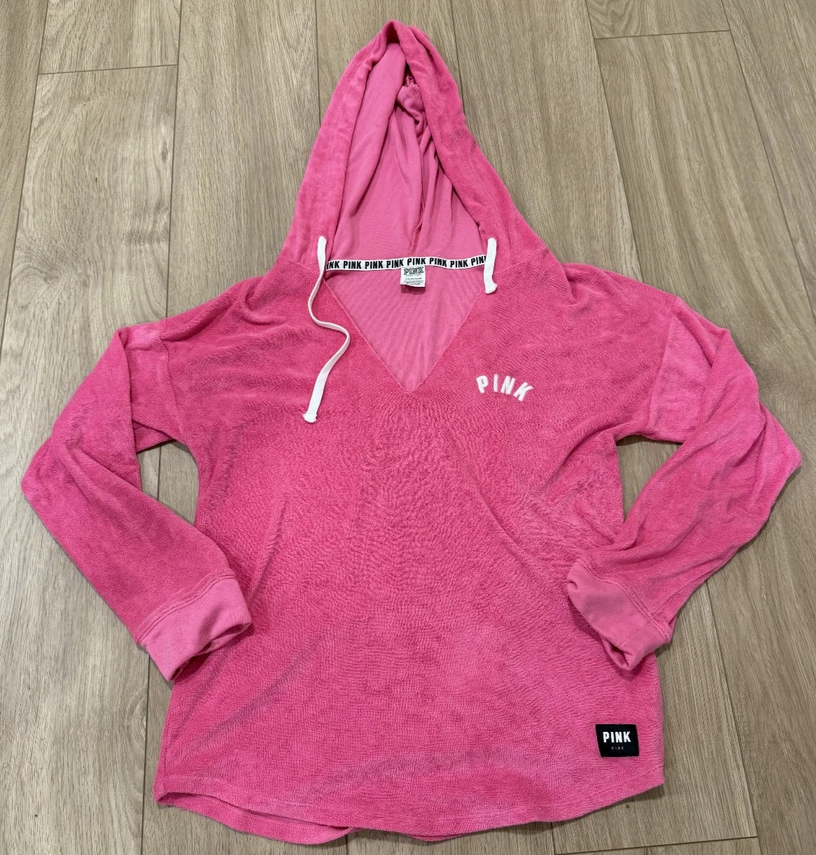 Victoria Secret PINK Womens Terry Cloth Pullover Hoodie Size Small Plunge V-Neck